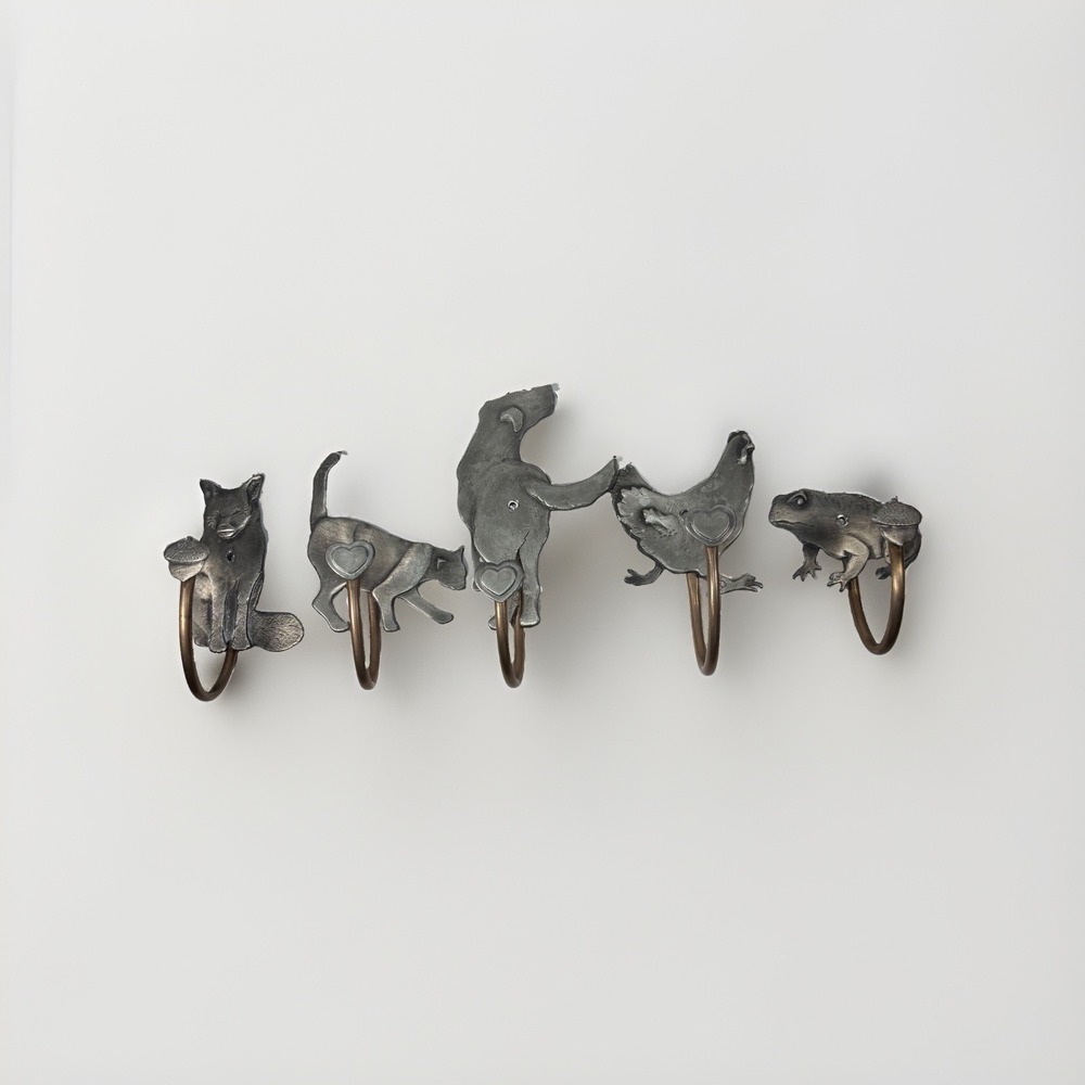 Pewter Animal Wall Hooks Set 5 Cat Dog Chicken Frog Vintage Cast Metal